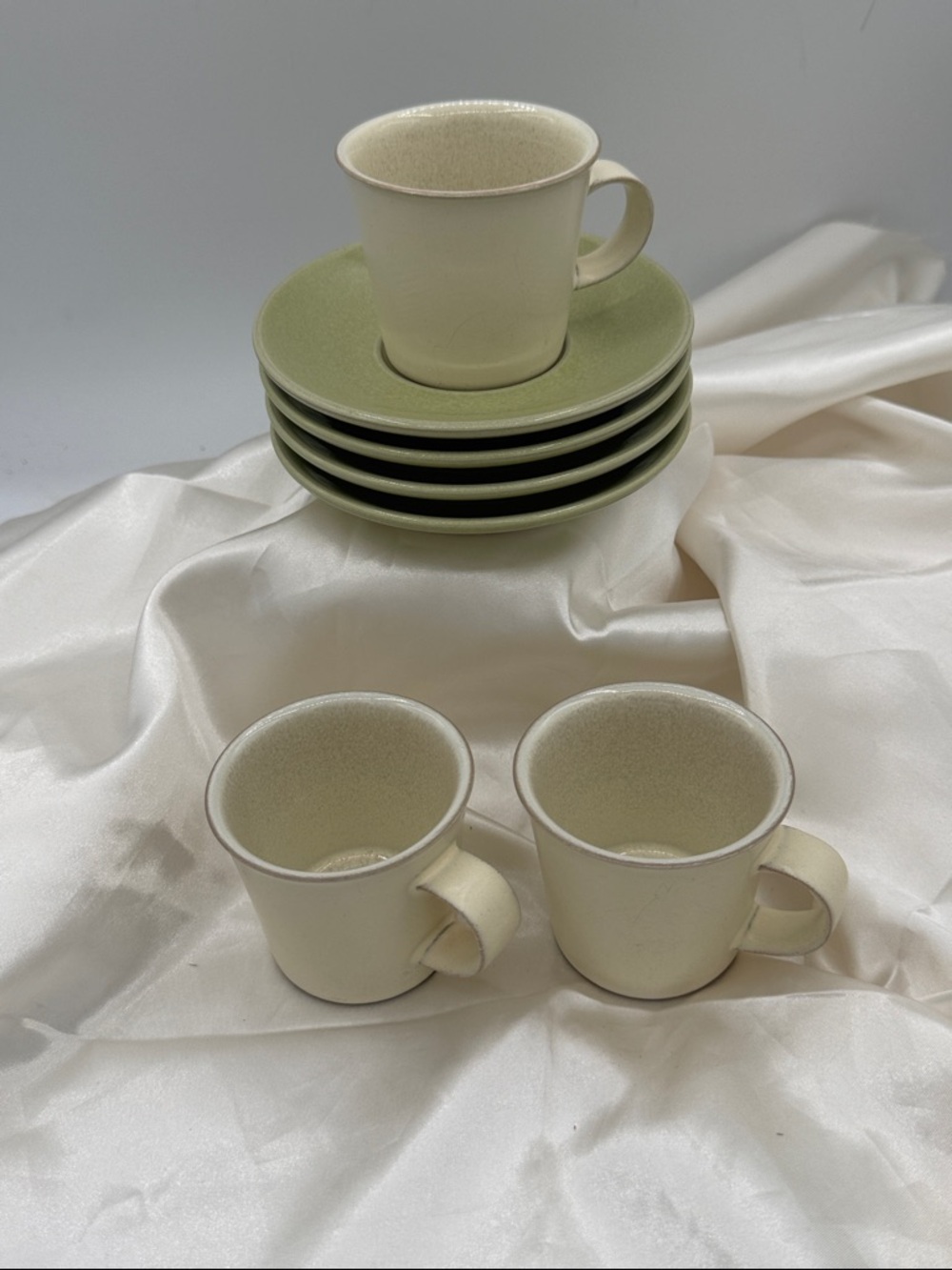 Denby Energy White Demitasse Cups(3)  and Celadon Color Green Saucer set (4).